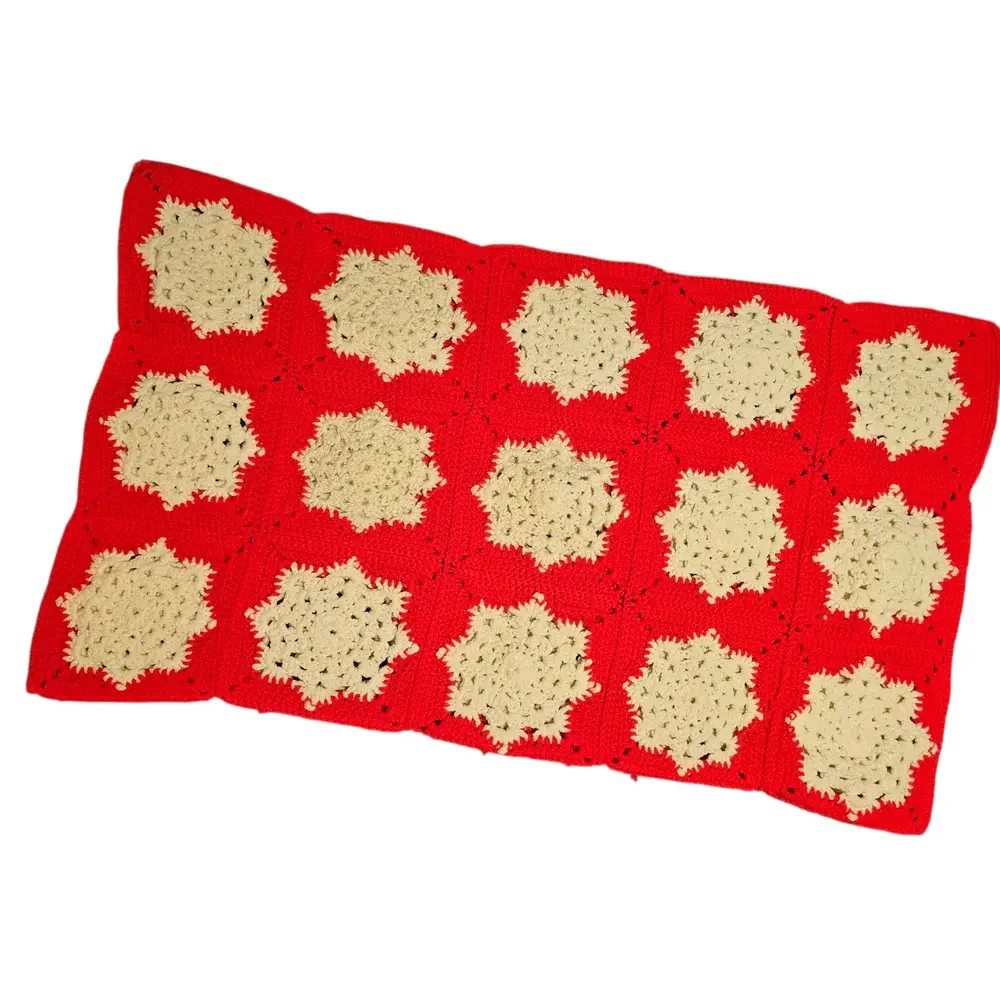 Handmade Crocheted Red and White Afghan 46